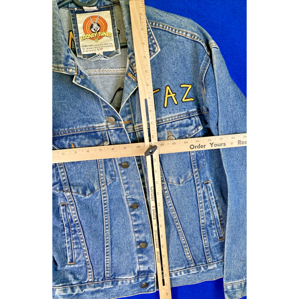 Vintage 90s Warner Bros Taz Looney Tunes Embroidered Denim Jacket Womens Small - Picture 9 of 16
